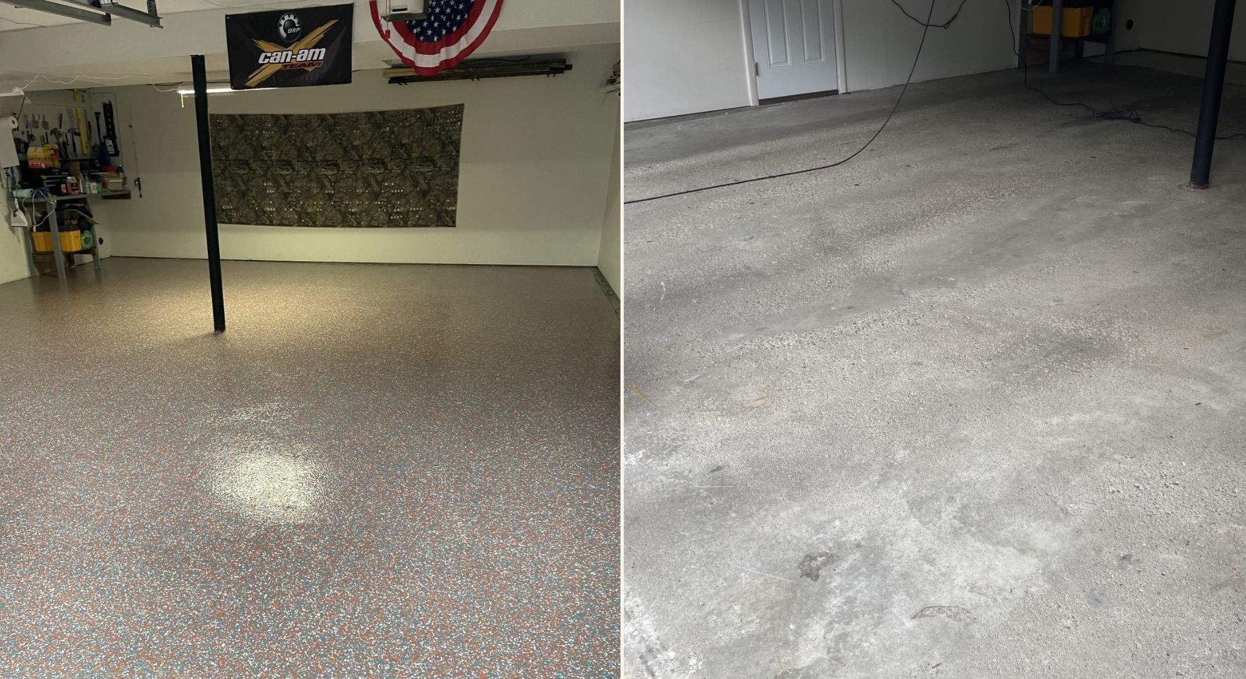 a before and after photo of a garage floor .