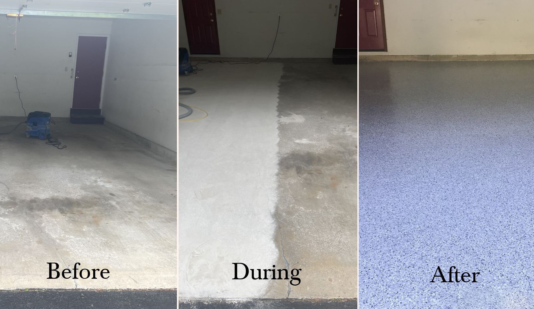 a before and after photo of a garage floor .