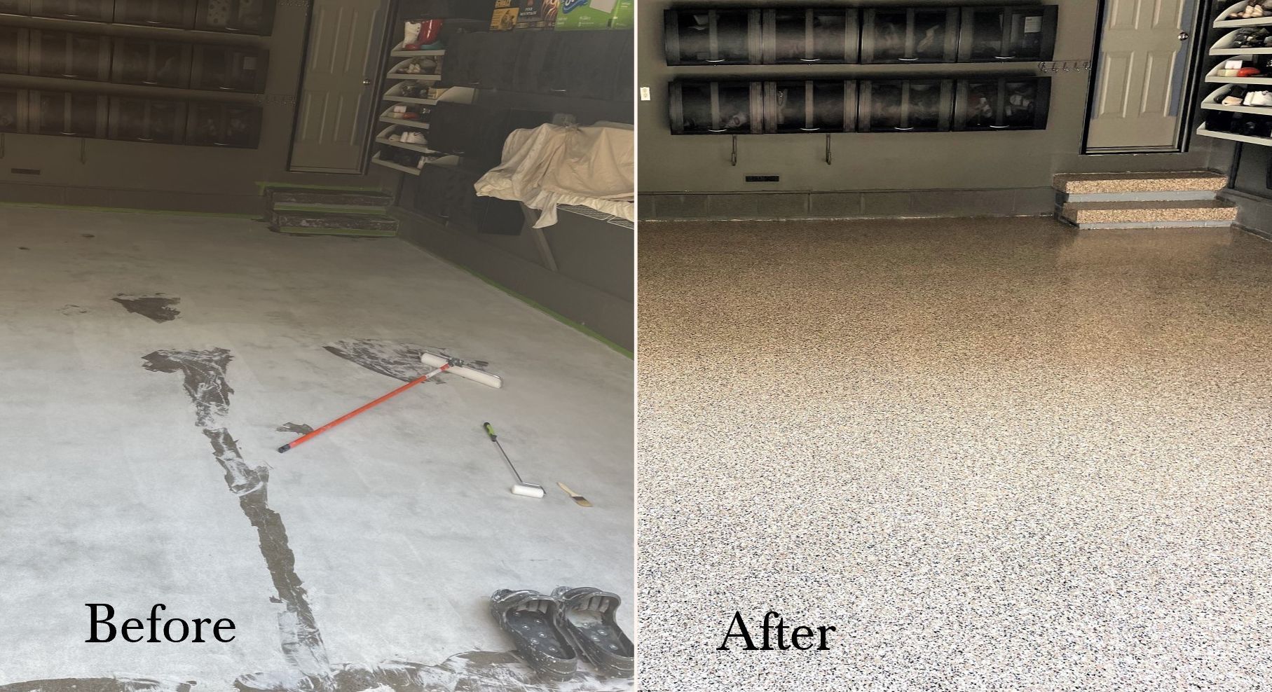 a before and after photo of a garage floor .