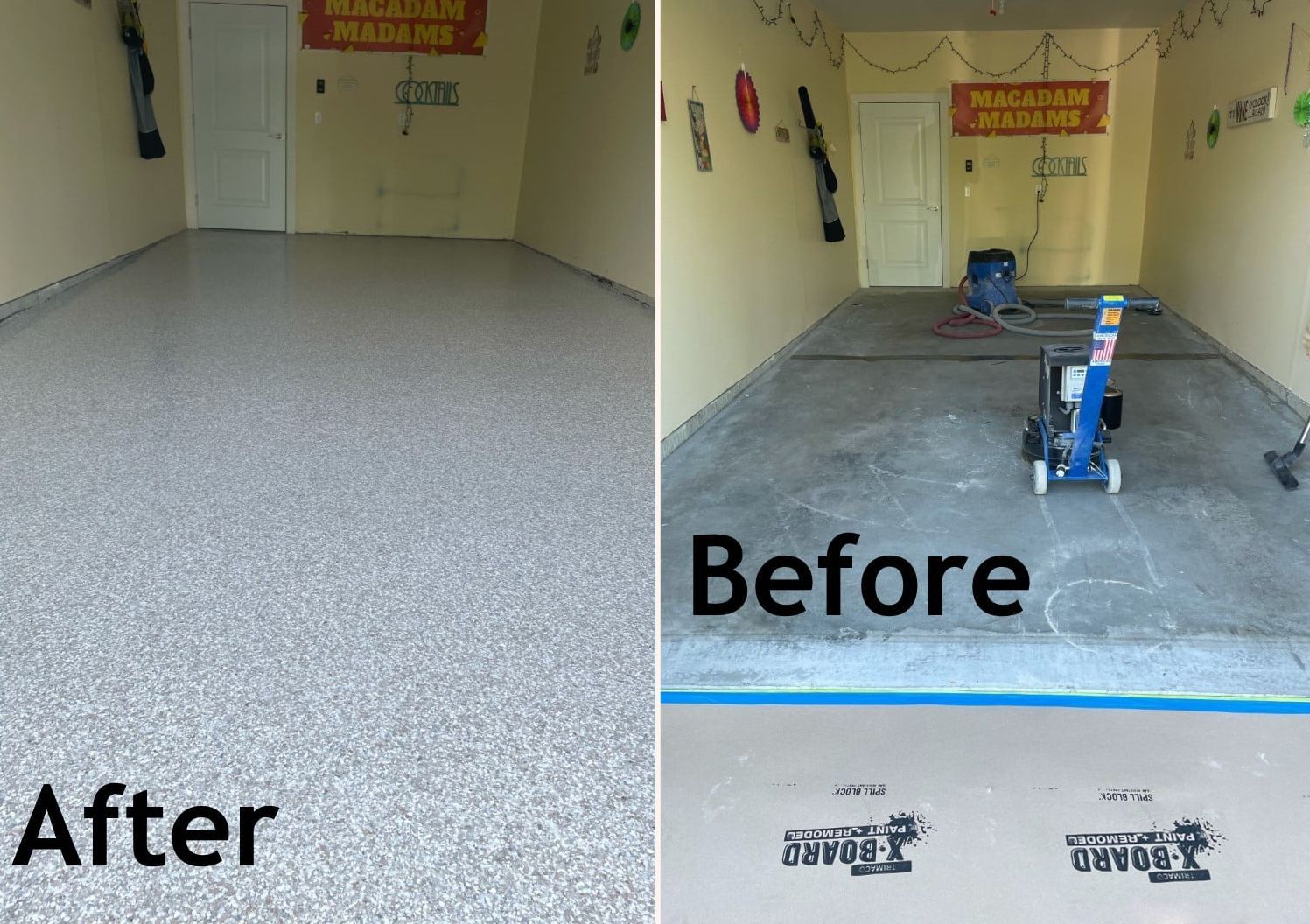 a before and after photo of a garage floor