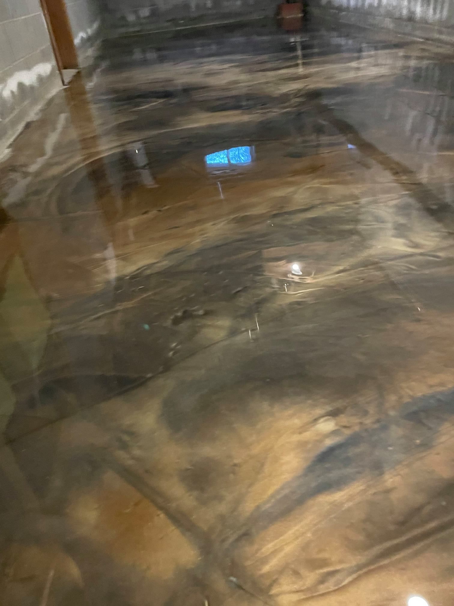 a close up of a shiny metallic epoxy floor coatings in a basement .