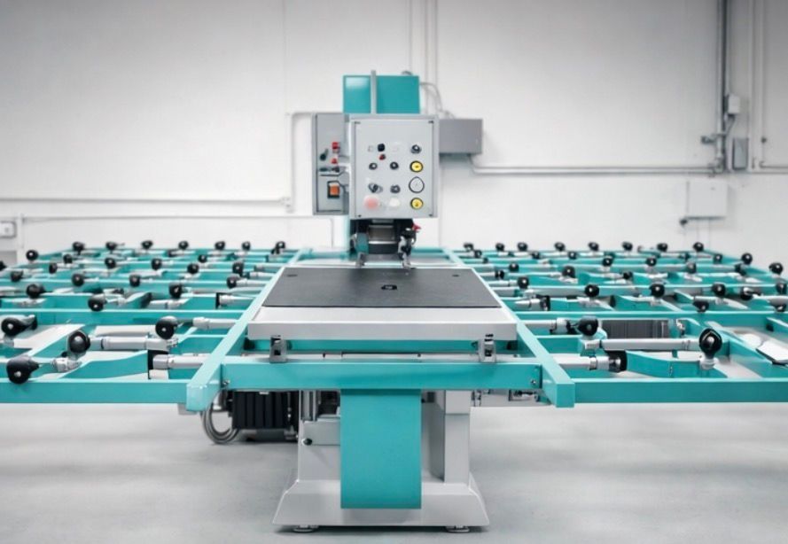 A turquoise and gray glass cutting machine sits in a clean, brightly lit workshop with a roller table surface.