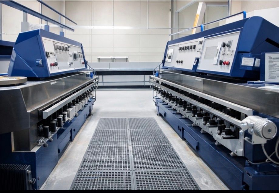 Two large blue industrial stone-polishing machines face each other in a clean, brightly lit, tiled workshop.