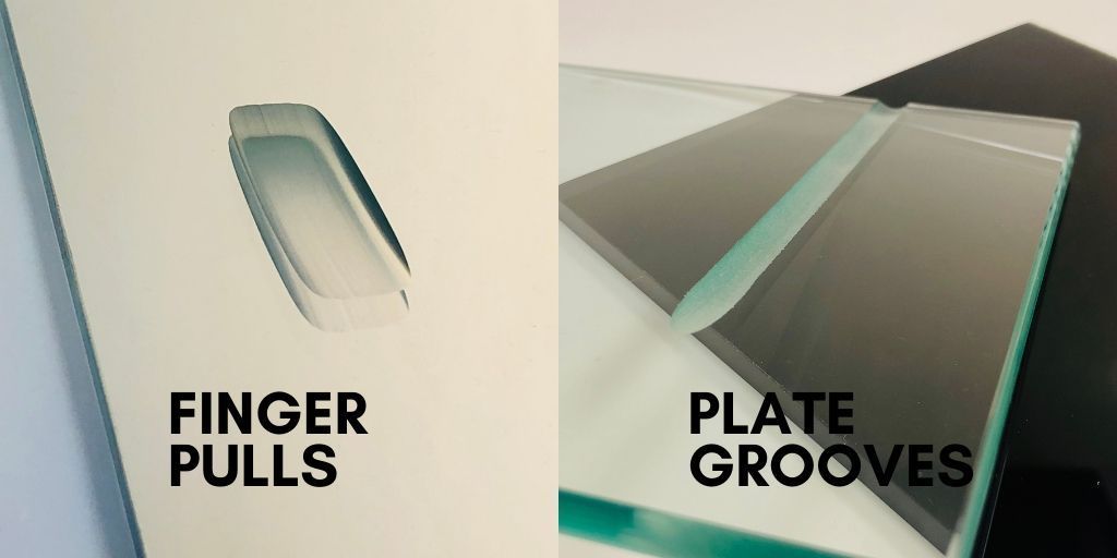 A split view showing recessed glass finger pulls on the left and glass shelf plate grooves on the right.