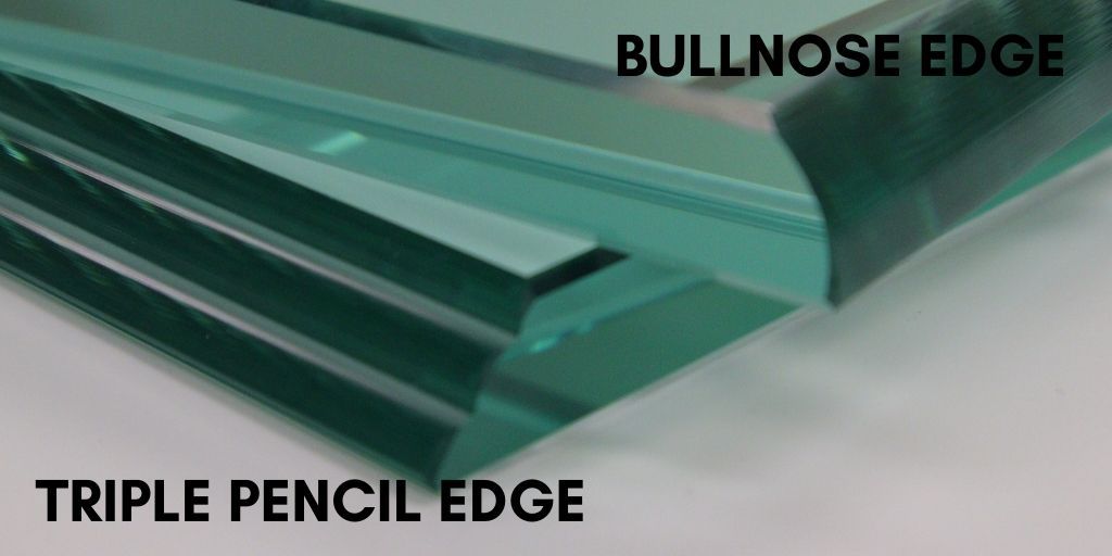 Two glass pieces on a white surface, labeled "Bullnose Edge" for the rounded top and "Triple Pencil Edge" for the bottom.