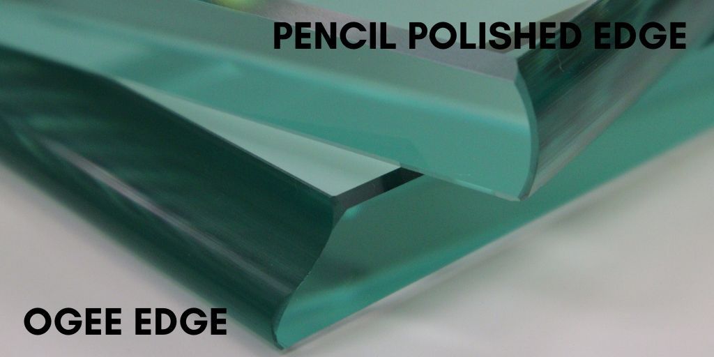 A comparison of two glass edge profiles: a rounded pencil polished edge on top and a decorative ogee edge on the bottom.