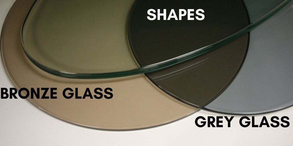 Three circular glass pieces labeled Bronze Glass, Grey Glass, and Shapes, showing different glass colors and textures.