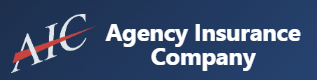 Logo for Agency Insurance Company with blue background and red-and-white AIC initials