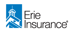 Erie Insurance logo with a blue square, a building icon, and text.