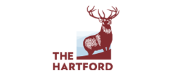 Logo of The Hartford: Stag with antlers, maroon color, standing on a maroon block. Below it says 