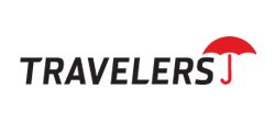 Travelers Insurance logo: Black text with a red umbrella icon.