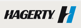 Hagerty logo with bold black text and a blue stylized “H” mark on a light background