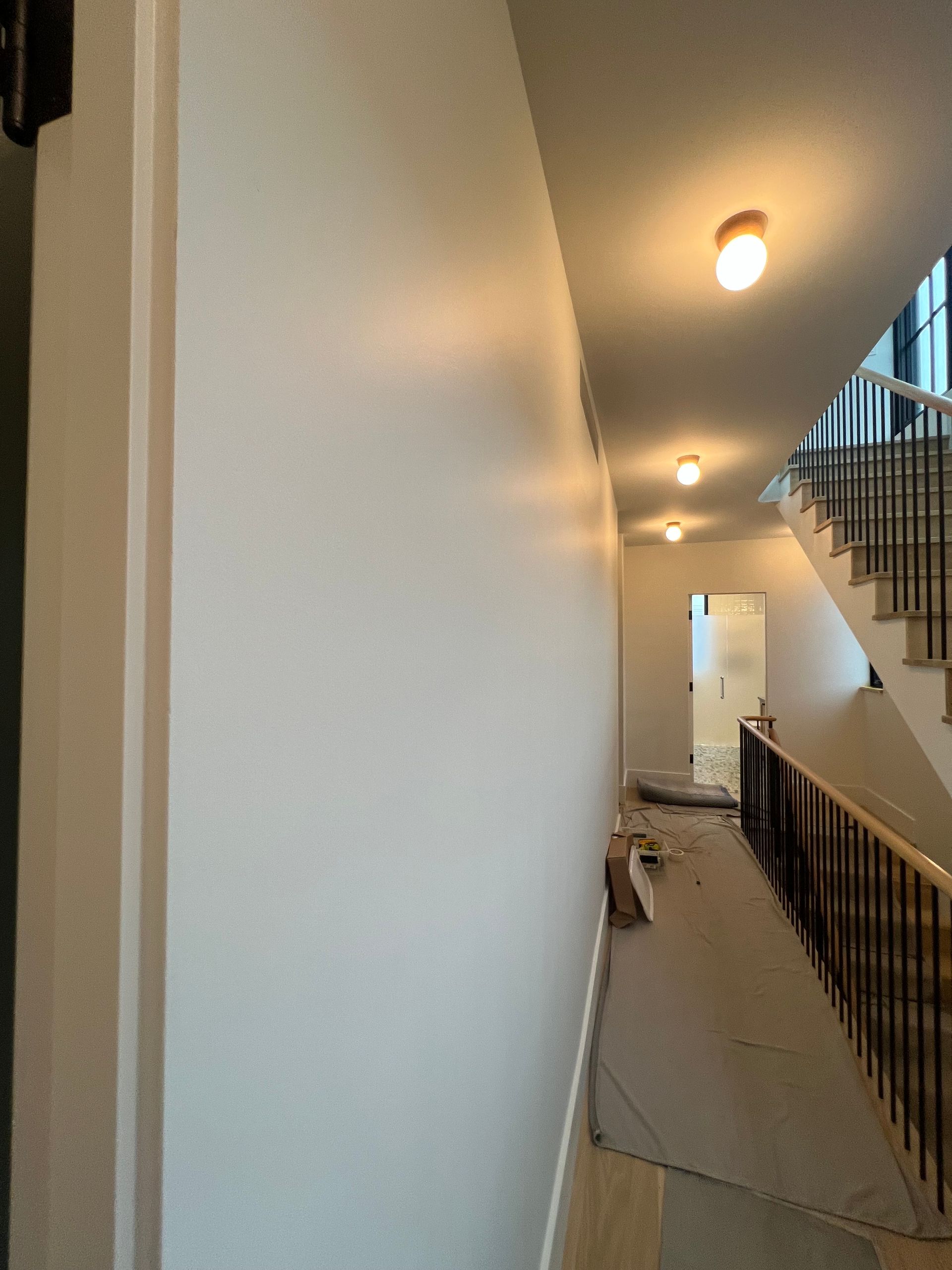 Hallway with white walls, ceiling lights, and a staircase railing on the right.
