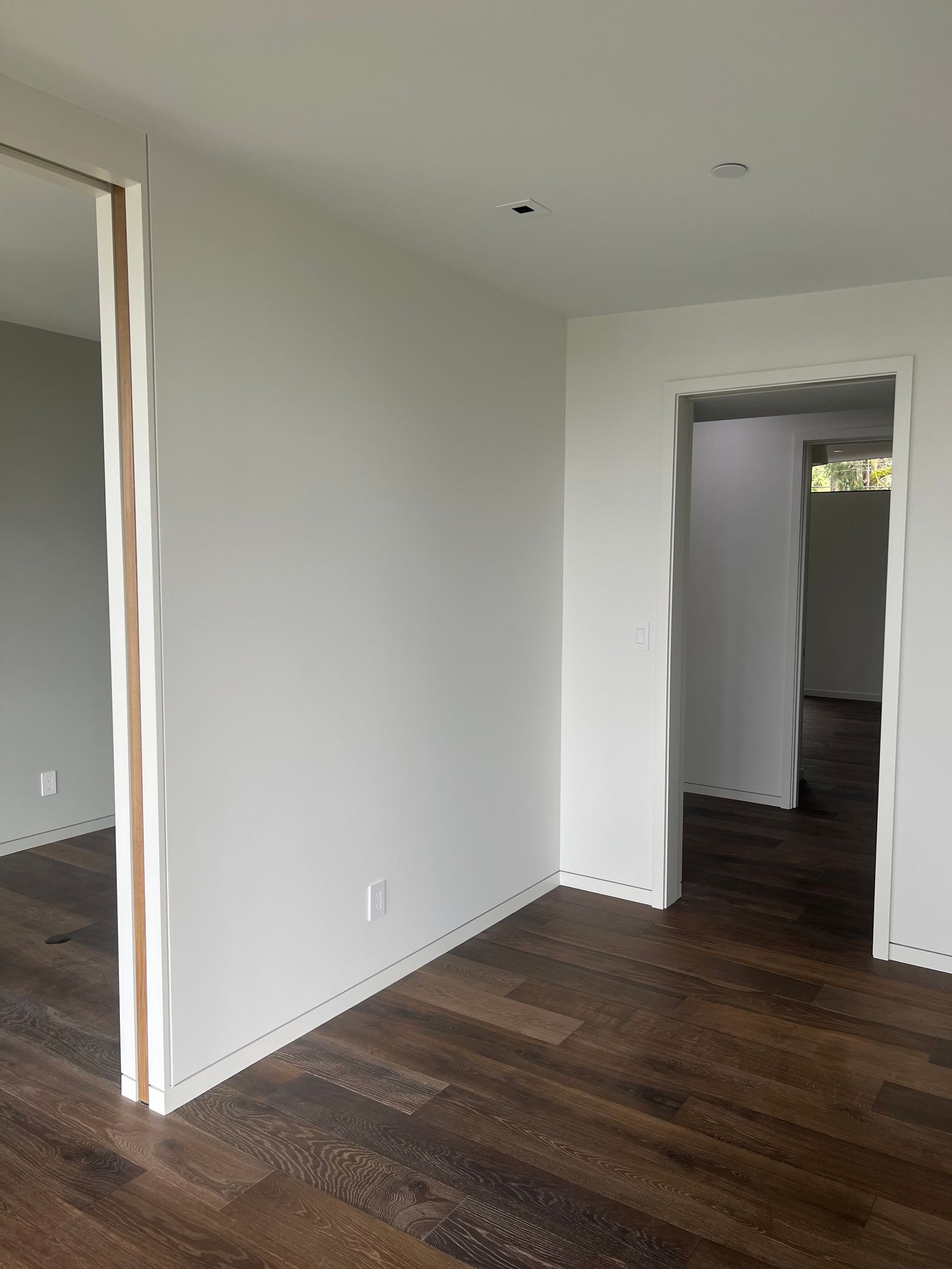 Empty room with dark hardwood floors, white walls, and two doorways leading to another room.