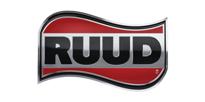 The Ruud logo: black letters on a silver background with a red wave design.