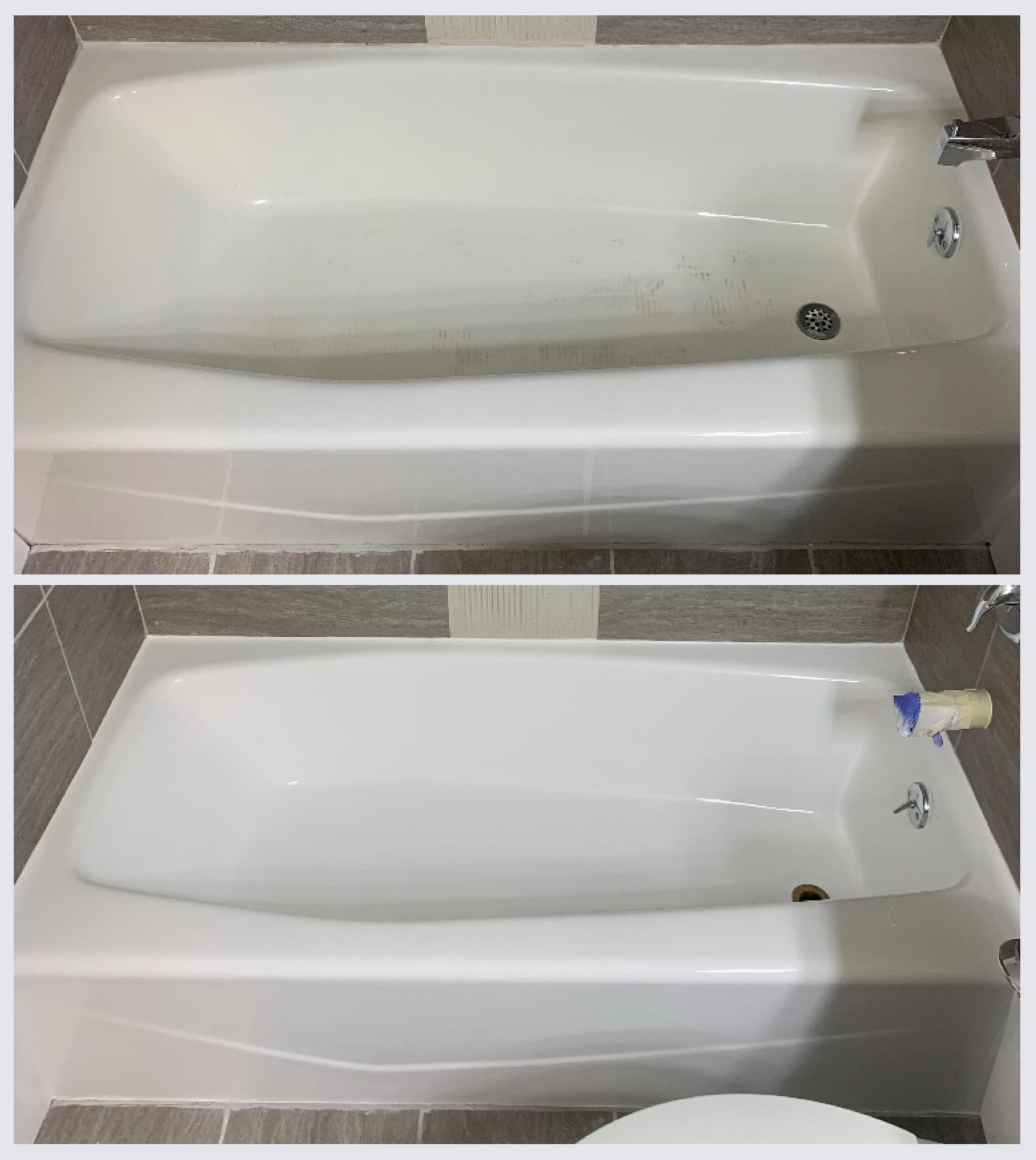 A before and after photo of a bathtub in a bathroom