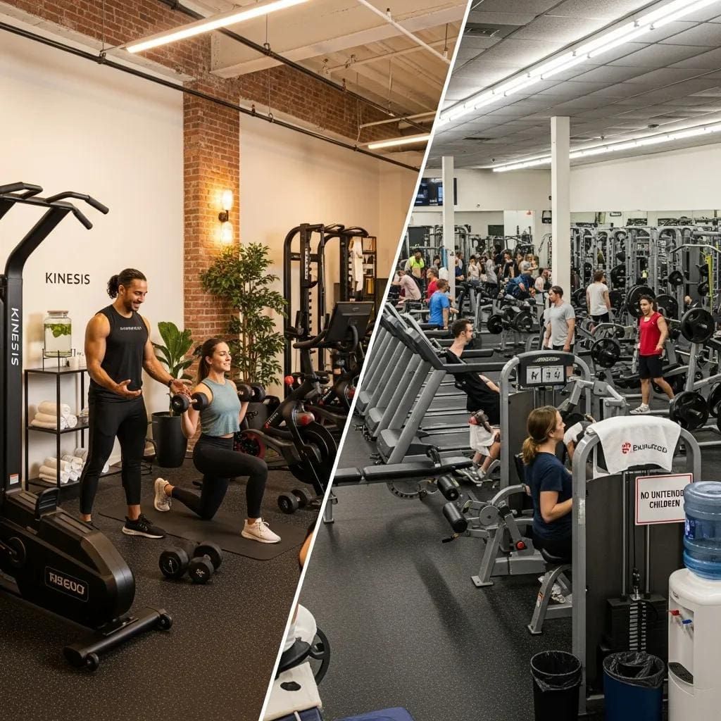 Split-view gym interior with people working out on weight machines and free weights
