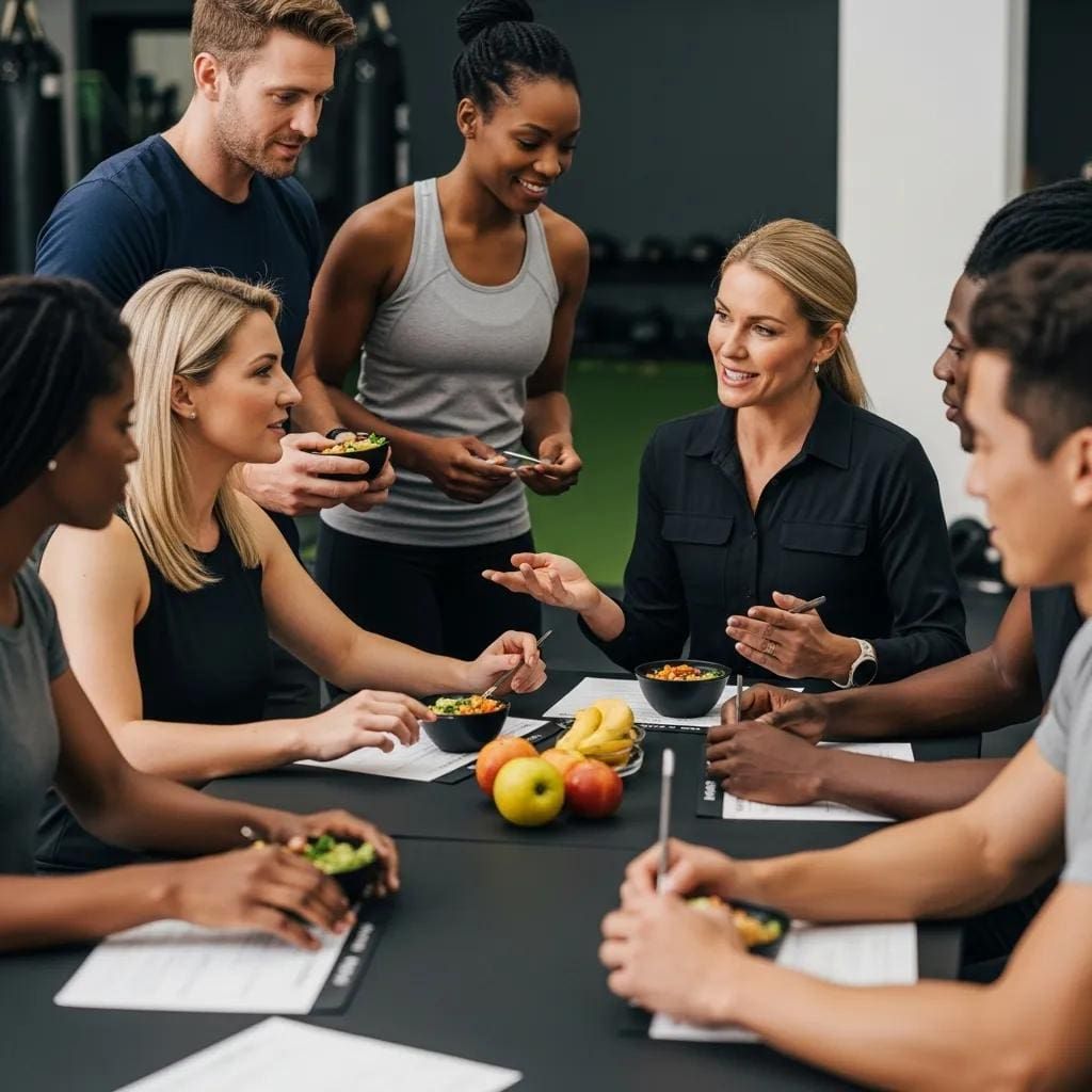 Colleagues sharing healthy snacks around a conference table in a modern office