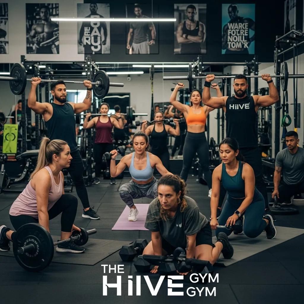 Gym class doing group strength training with weights in a mirror-lined studio