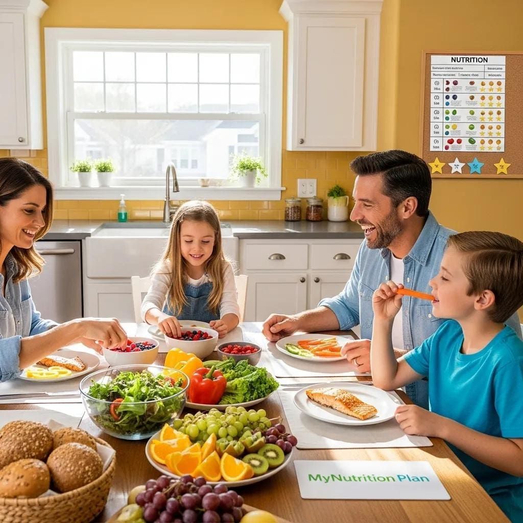 Family sharing a healthy meal at a bright kitchen table with fruits, vegetables, bread, and pizza.