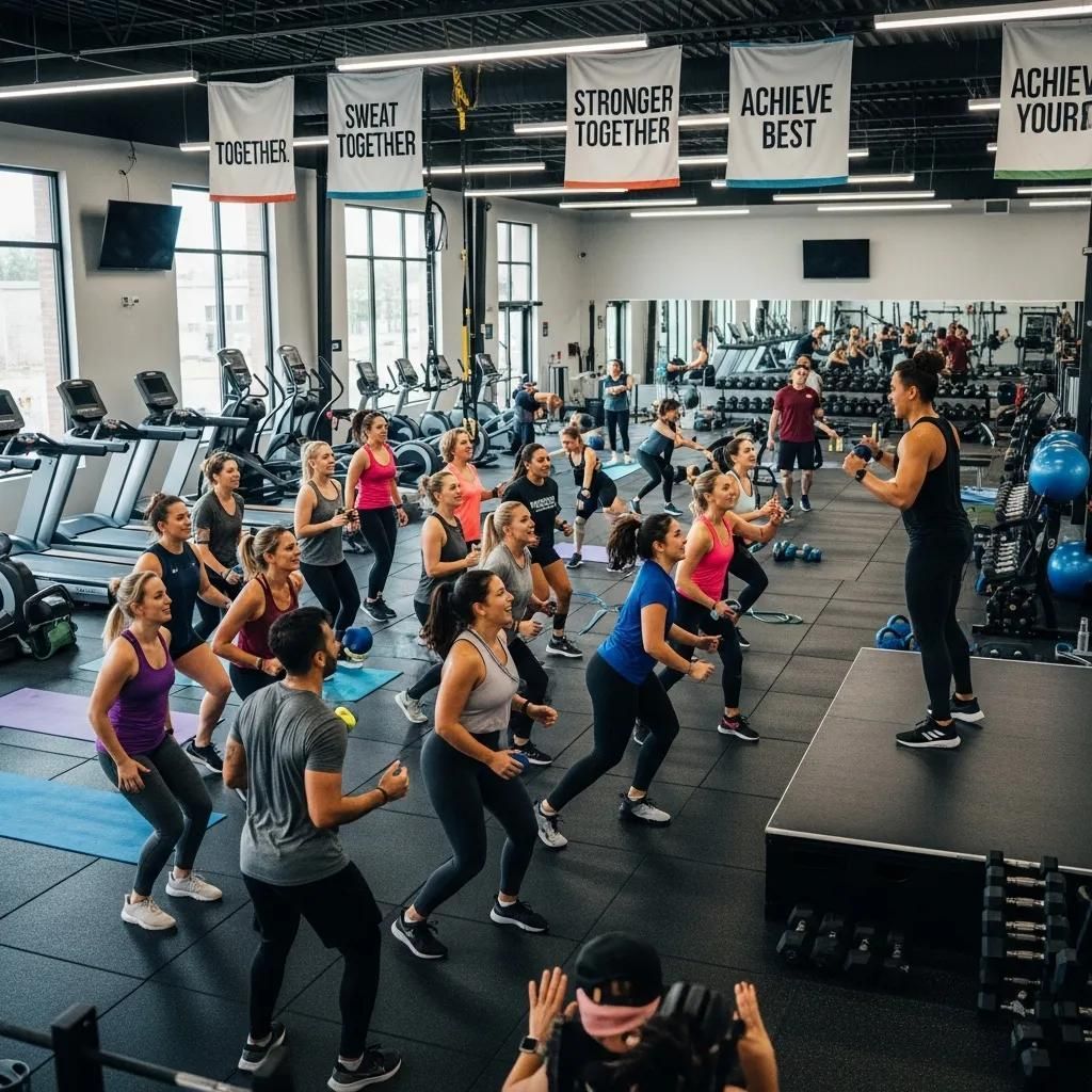 Group fitness class in a gym, with instructor leading people doing squats on black mats.