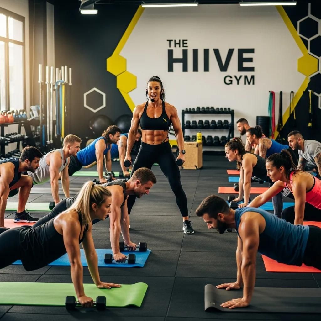 Gym class with people doing push-ups on mats while an instructor stands before a 