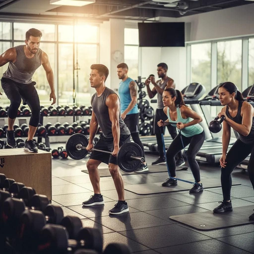 Group fitness class in a gym, with a trainer leading participants through step exercises and squats.