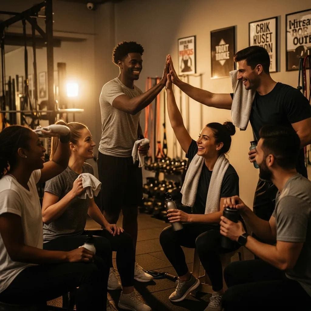 Friends in a cozy bar high-five over drinks, smiling under warm lights.