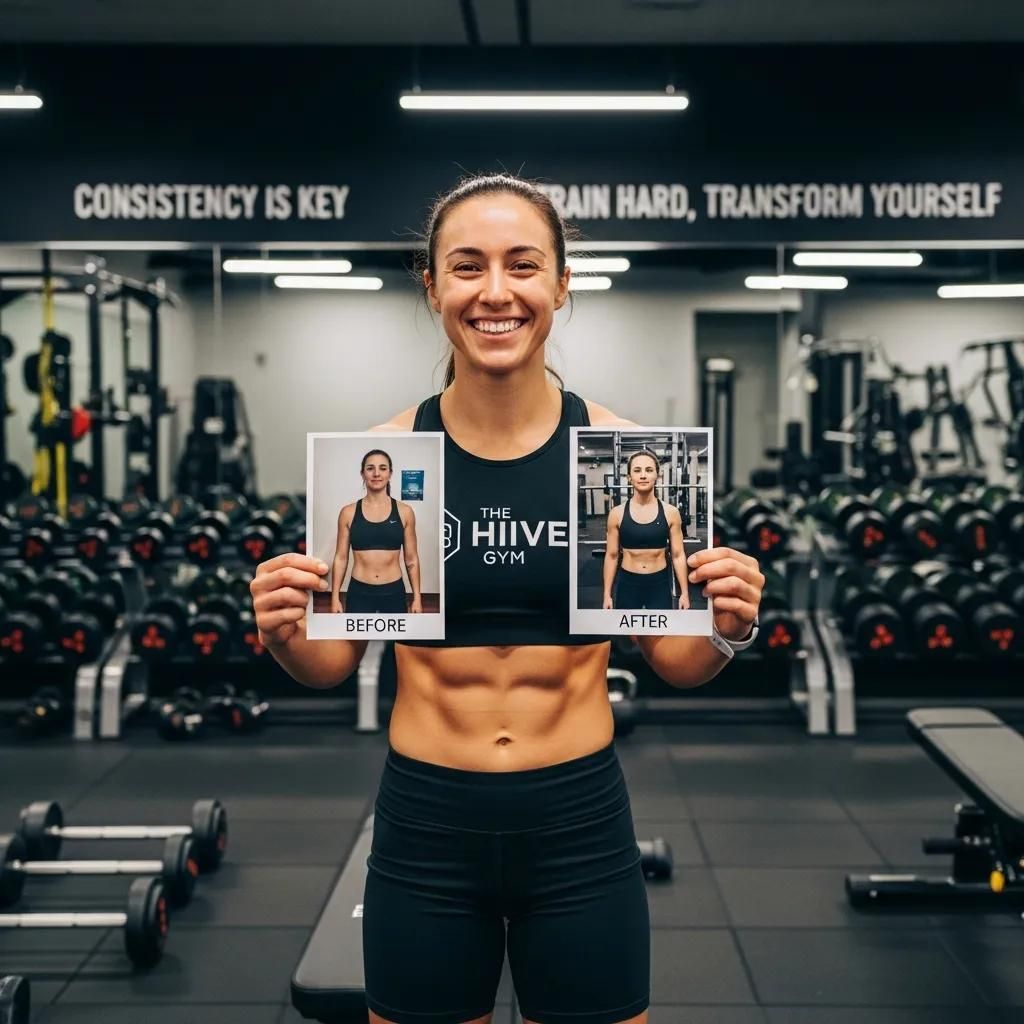 Smiling woman in a gym holding two fitness posters, with dumbbells and motivational signs behind her.