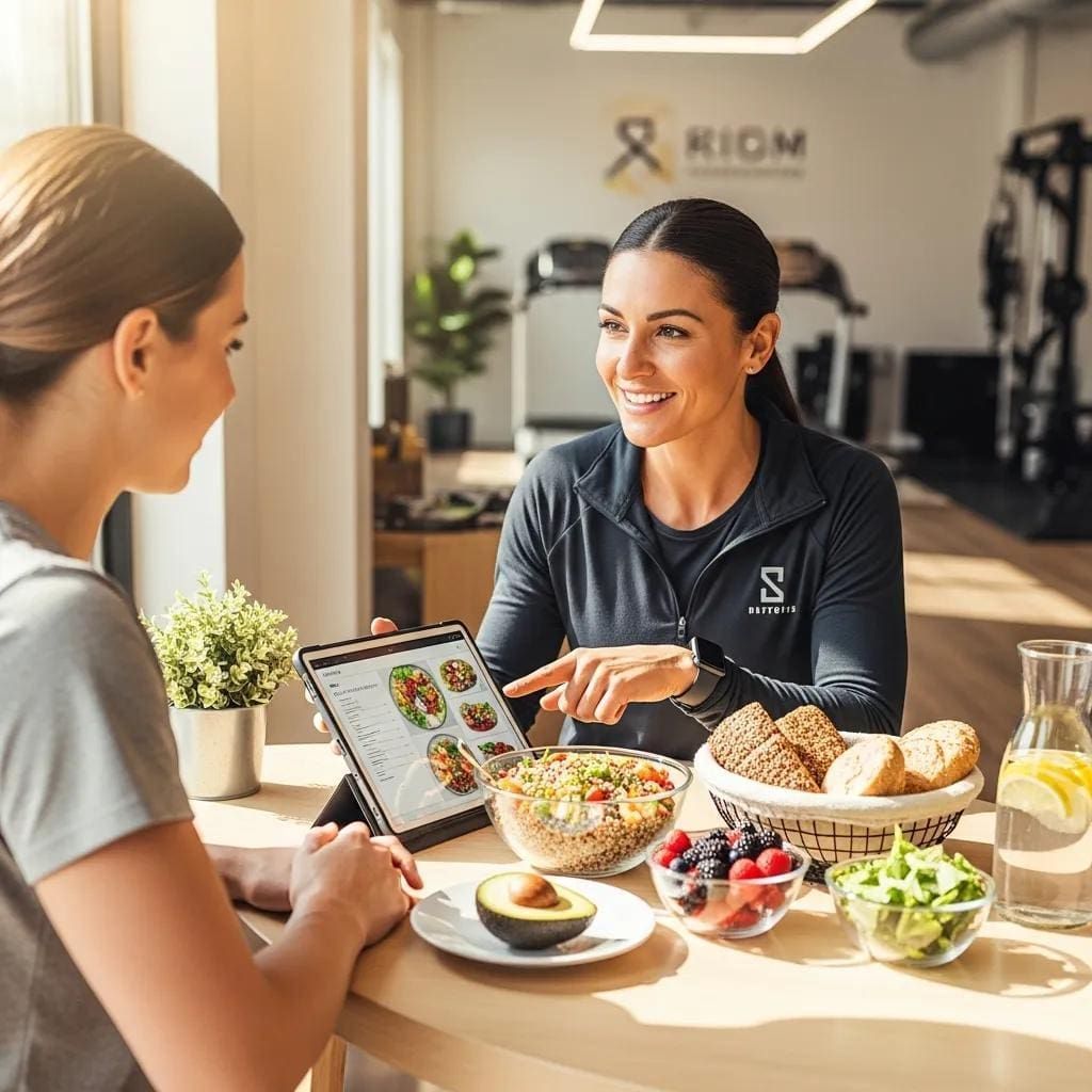 Two women discussing a healthy meal spread at a table in a bright café.