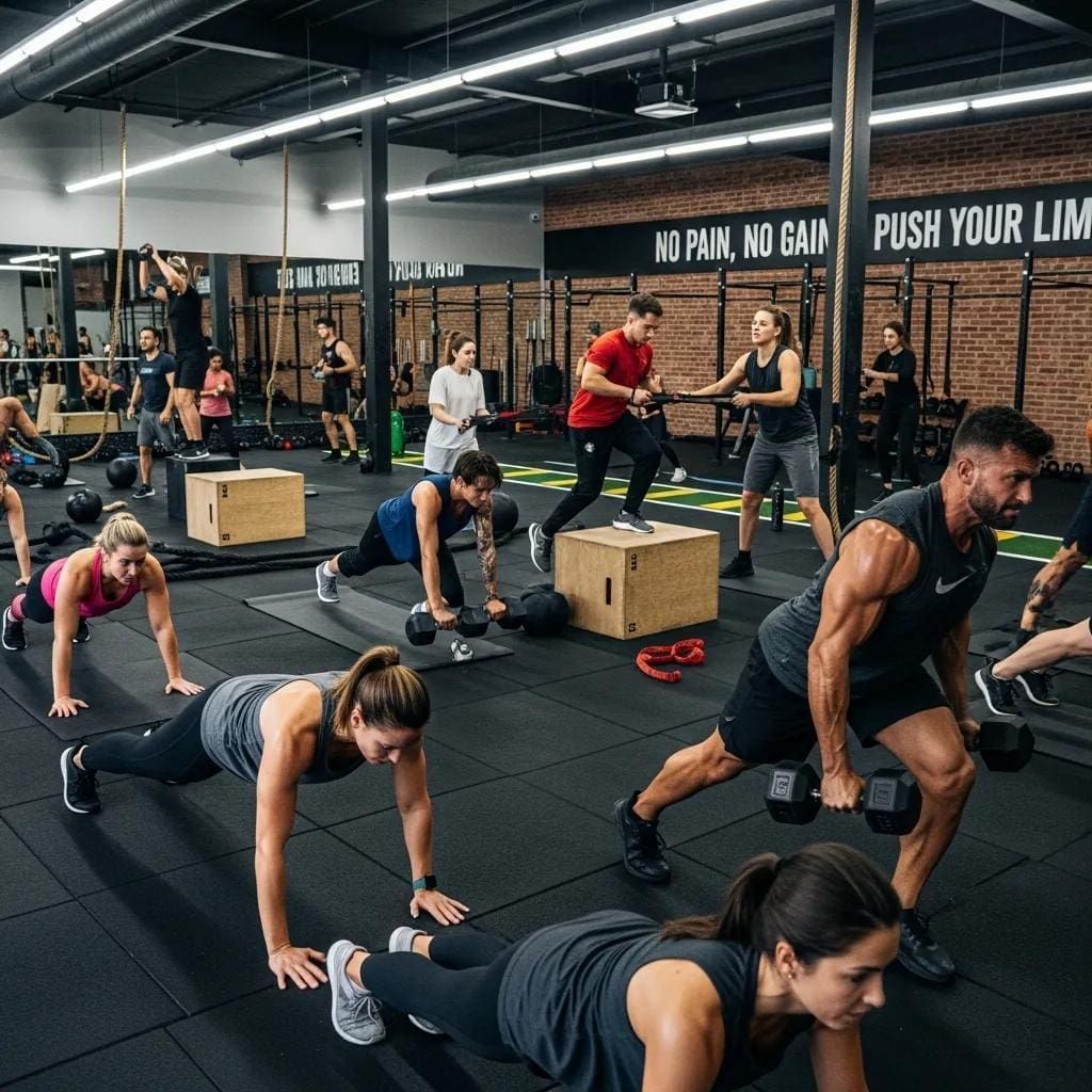 People exercising in a gym class, doing push-ups and planks on black mats under motivational wall signs.