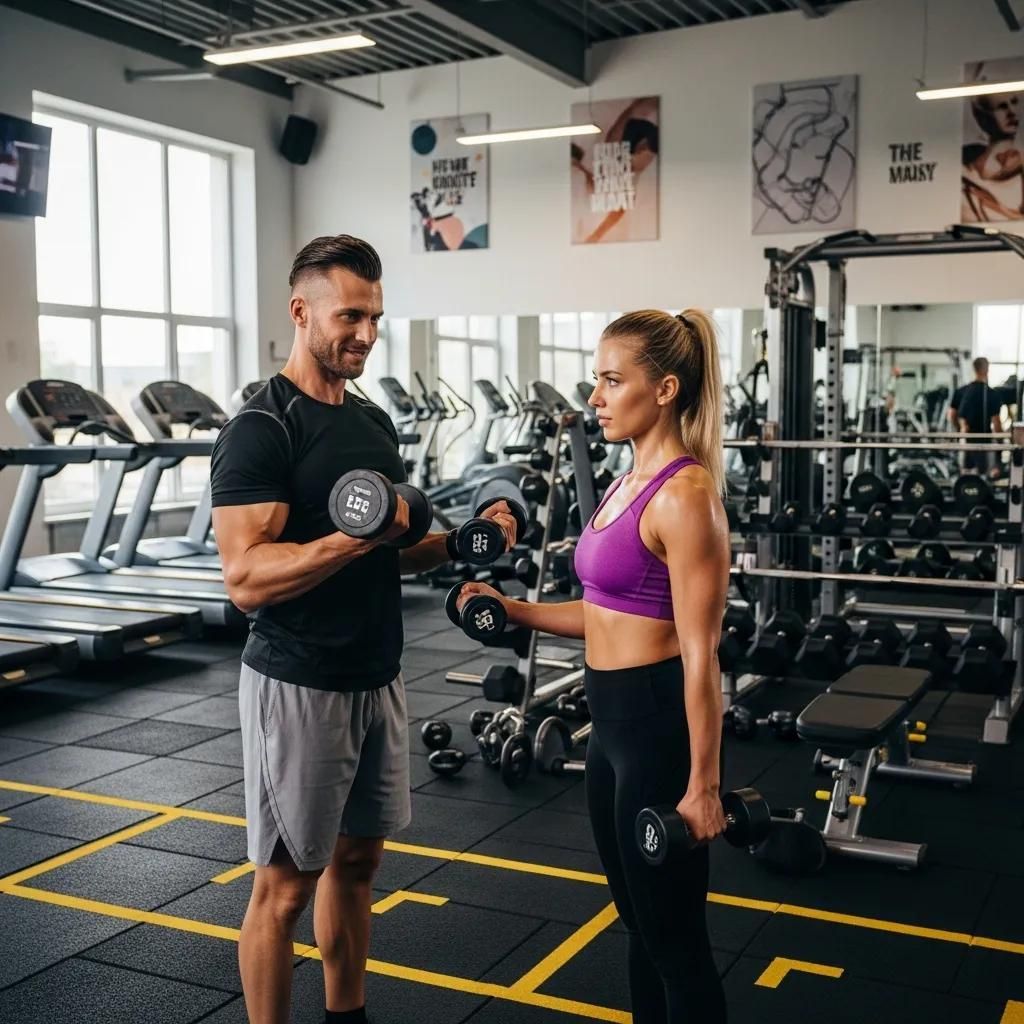Two people exercise with dumbbells in a gym, standing by weight machines and treadmills.