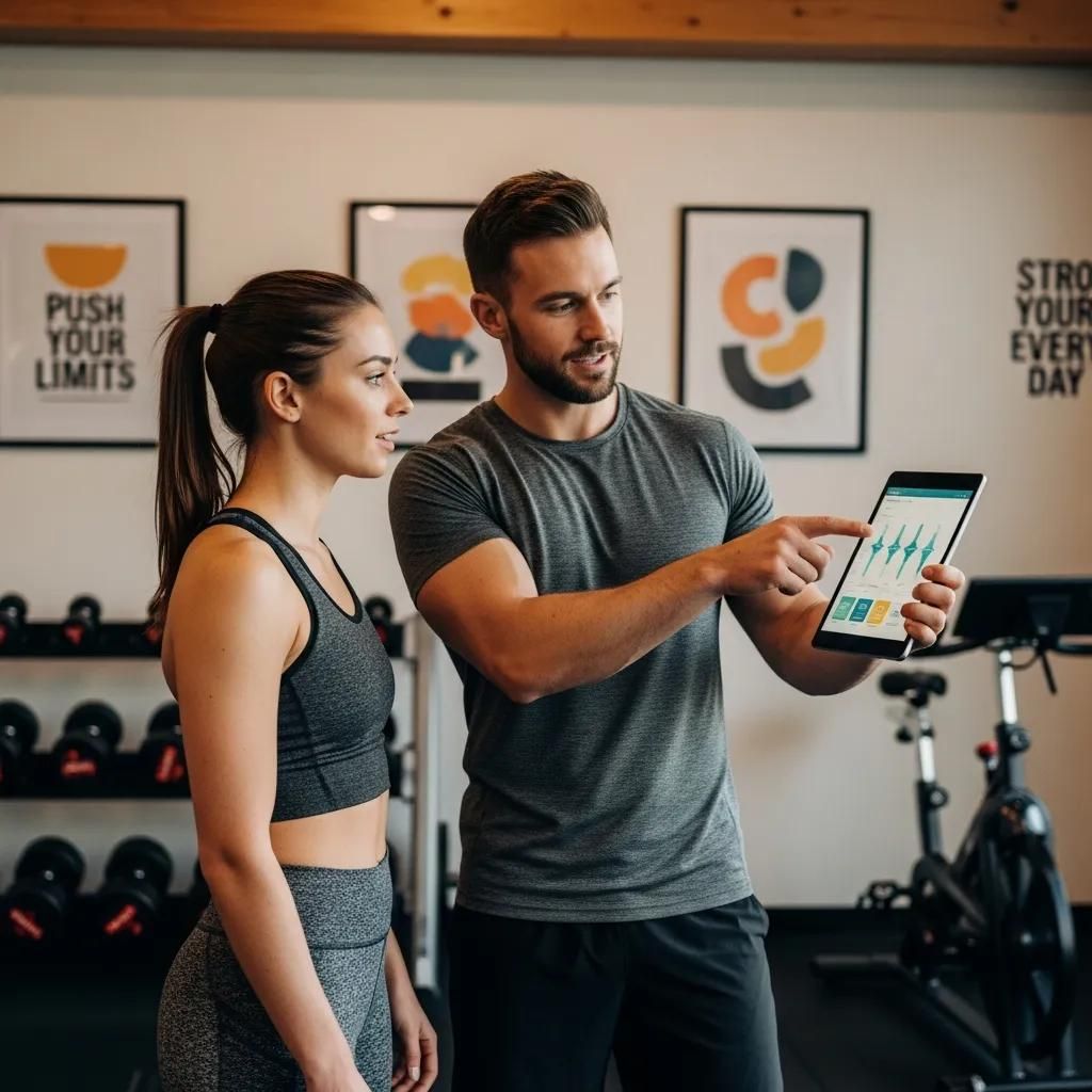 Trainer showing workout app on tablet in a gym with weights and motivational wall art