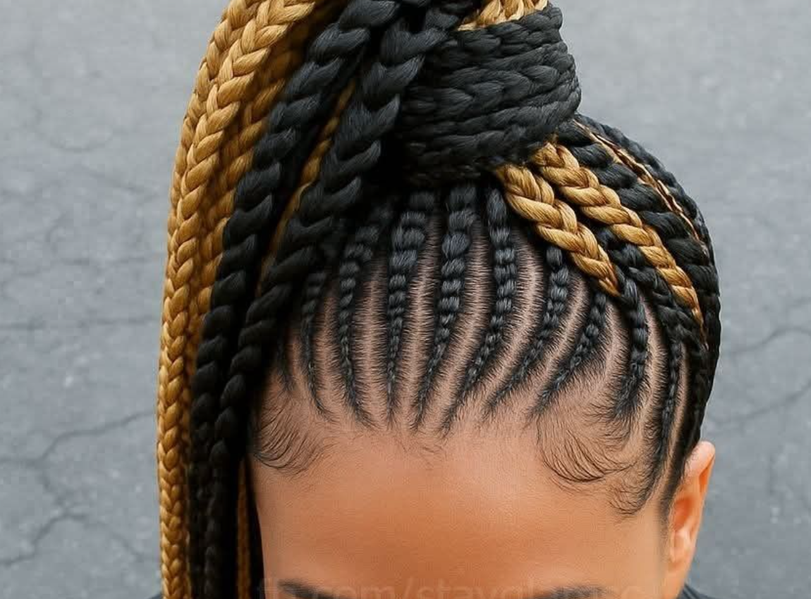 Close-up of braided hairstyle with cornrows and a high ponytail, with black and golden braids.