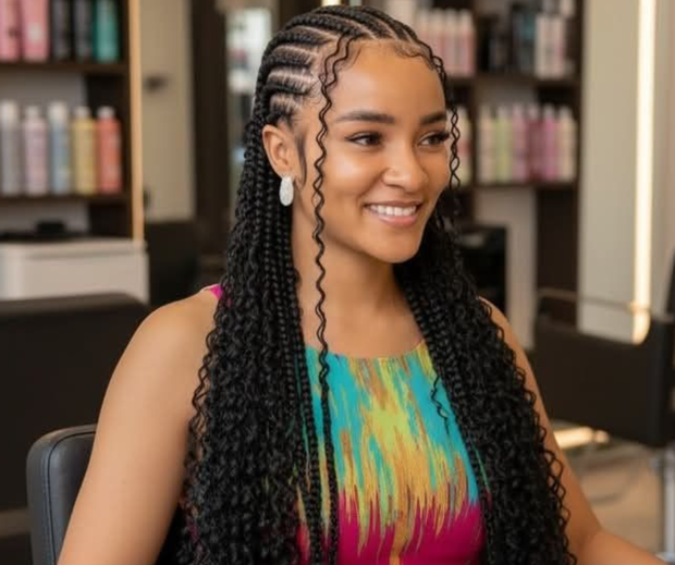 Woman with braided cornrows smiling in a salon, wearing a colorful top and hanging earrings.