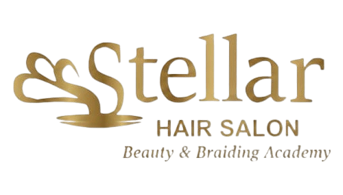 Gold logo: "Stellar" above "Hair Salon" and "Beauty & Braiding Academy" with an abstract design element.