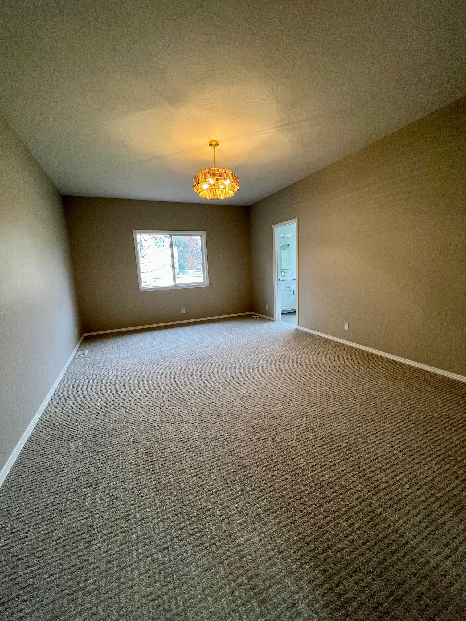 an empty living room with a carpeted floor and a window .