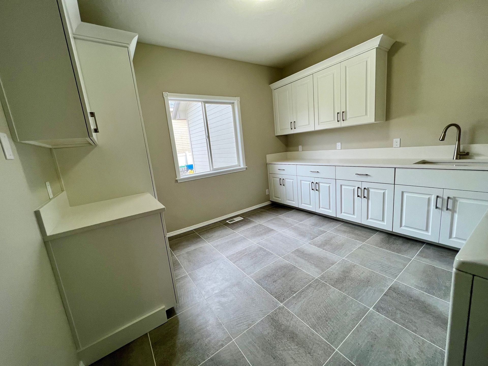 a kitchen with white cabinets , a sink , and a window .