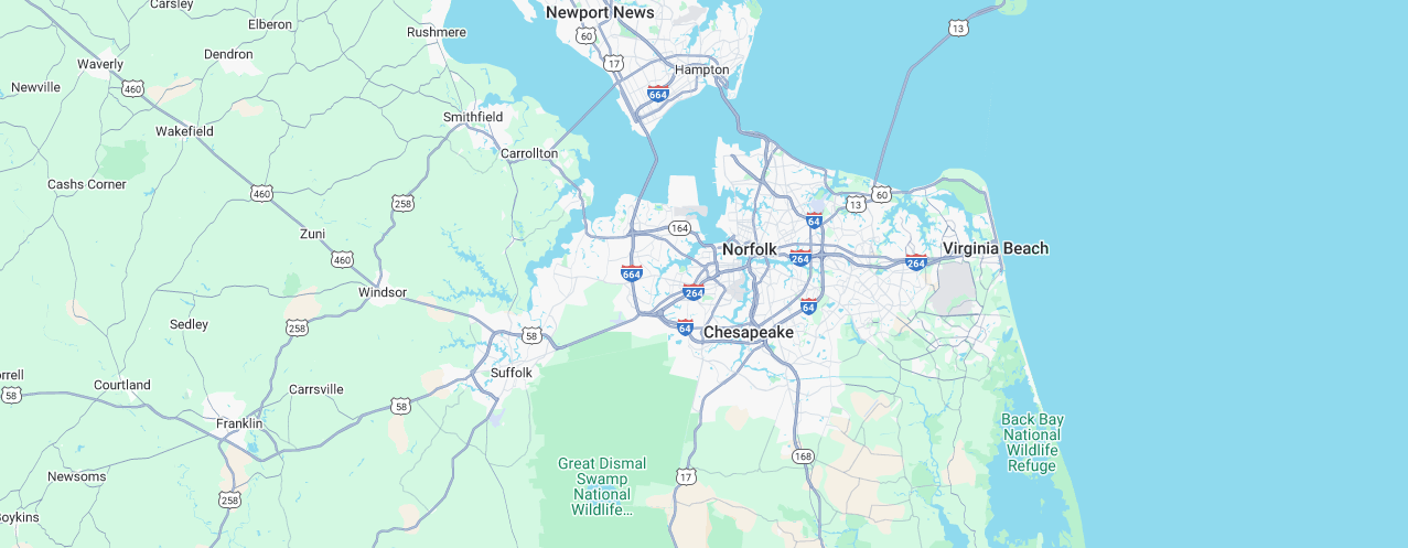 Map of Virginia with Norfolk and Virginia Beach highlighted, surrounded by water.