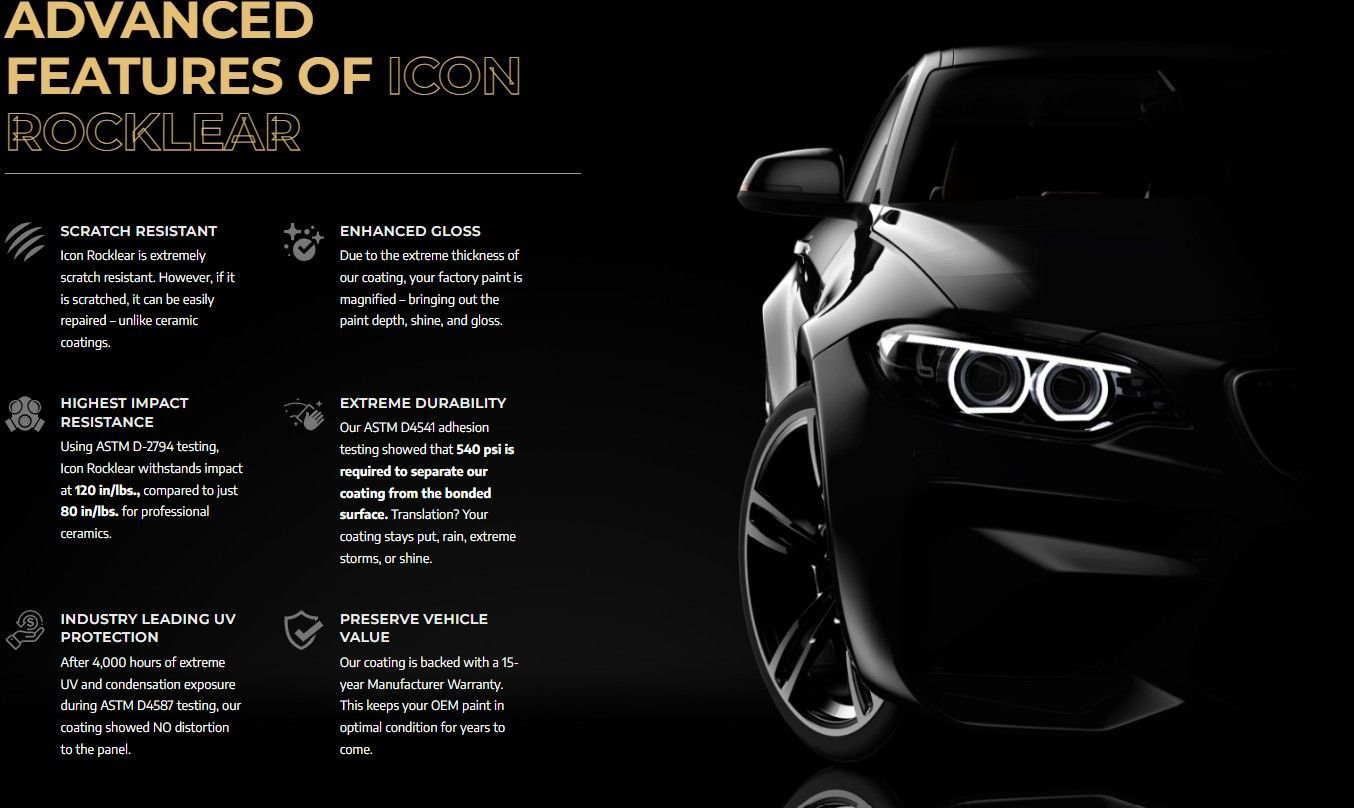 Black car with headlights illuminated, beside text listing advanced features.