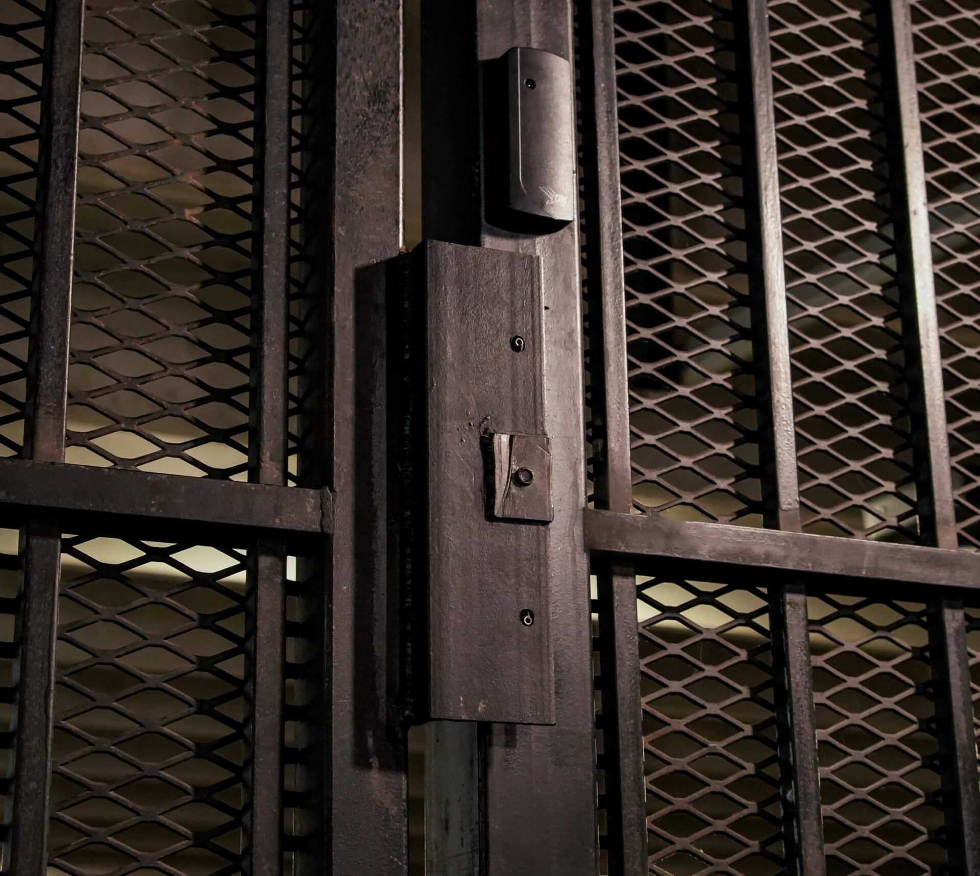 A close up of a metal gate with a wooden handle