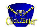 A blue shield with the words click2enter on it