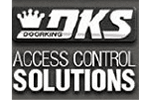 The logo for dks access control solutions has a crown on it.