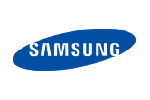 The samsung logo is blue and white on a white background.