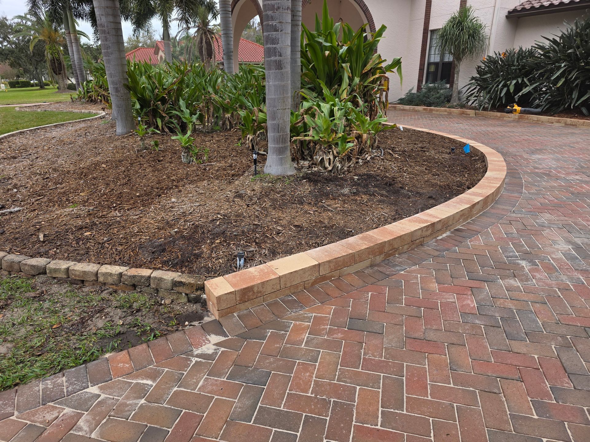 Brick pathway curves beside a mulched tree bed with tropical plants and a white columned house