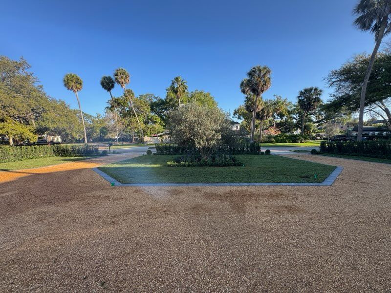 Sunny park lawn with a sprinkler spraying water, surrounded by palm trees and shrubs