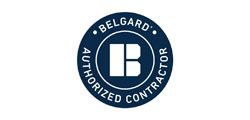 Belgard Authorized Contractor logo, blue and white circular badge with stylized B icon