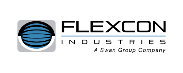 Flexcon Industries logo with blue-and-black globe icon and “A Swann Group Company” tagline