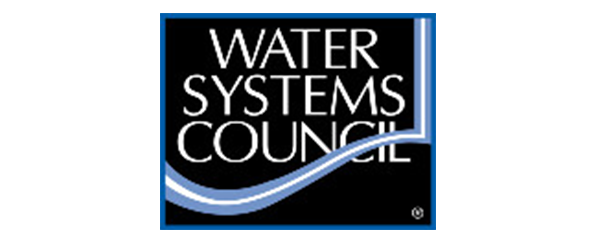 Water Systems Council logo with white text on a black background and blue wave accents