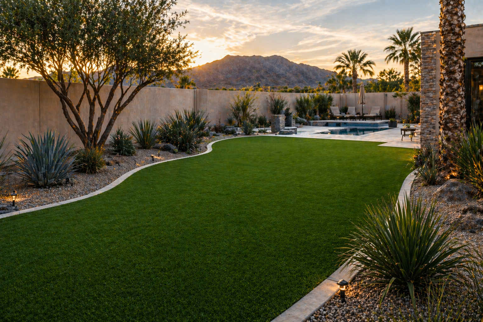 Landscaped backyard with artificial turf, palm trees, desert plants, and a mountain view at sunset